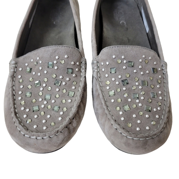 Vionic | Athens Taupe Jewel Embellished Suede Comfort Slip-On Moccasin Loafer - Picture 2 of 10